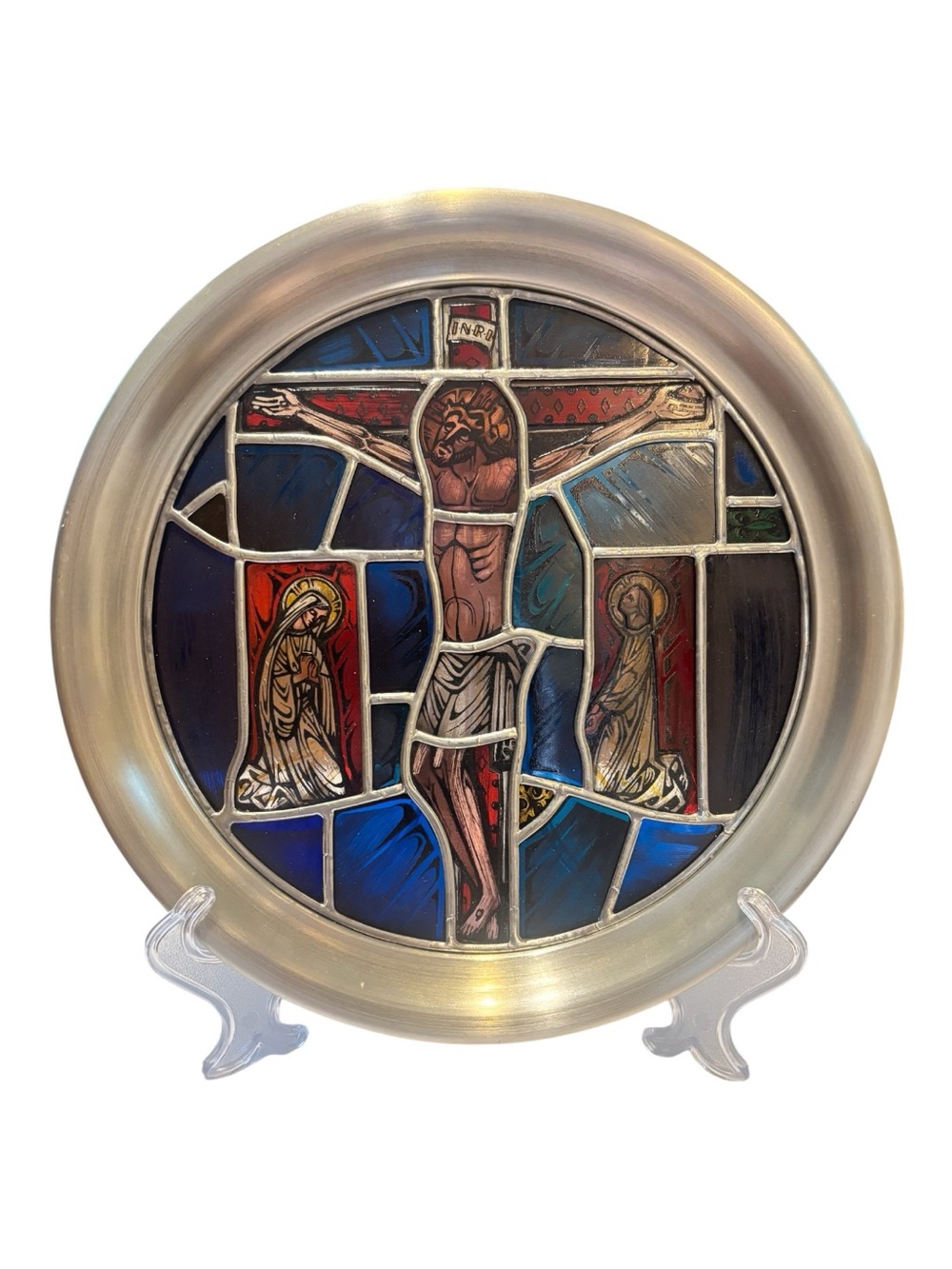 Franklin Mint Vintage 1976 Round Stained Glass Crucifixion plate-NIB